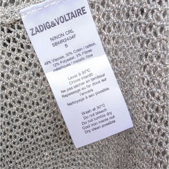 ZADIG & VOLTAIRE Silver Metallic Sheer Knit Long Sleeve Button Cardigan, size S - Picture 4 of 6